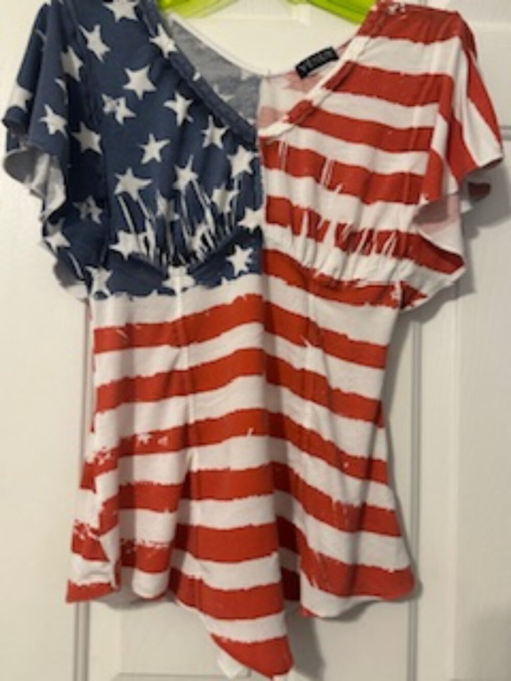 Patriotic, flattering, fitted, flutter sleeve, cotton shirt.